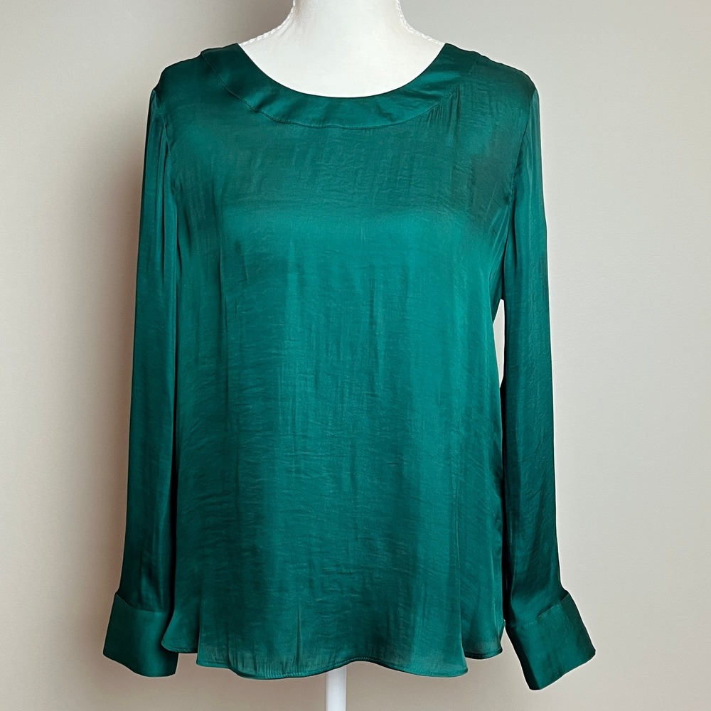 Banana Republic Petite M Emerald Green Hammered Satin Blouse Long Sleeve Top